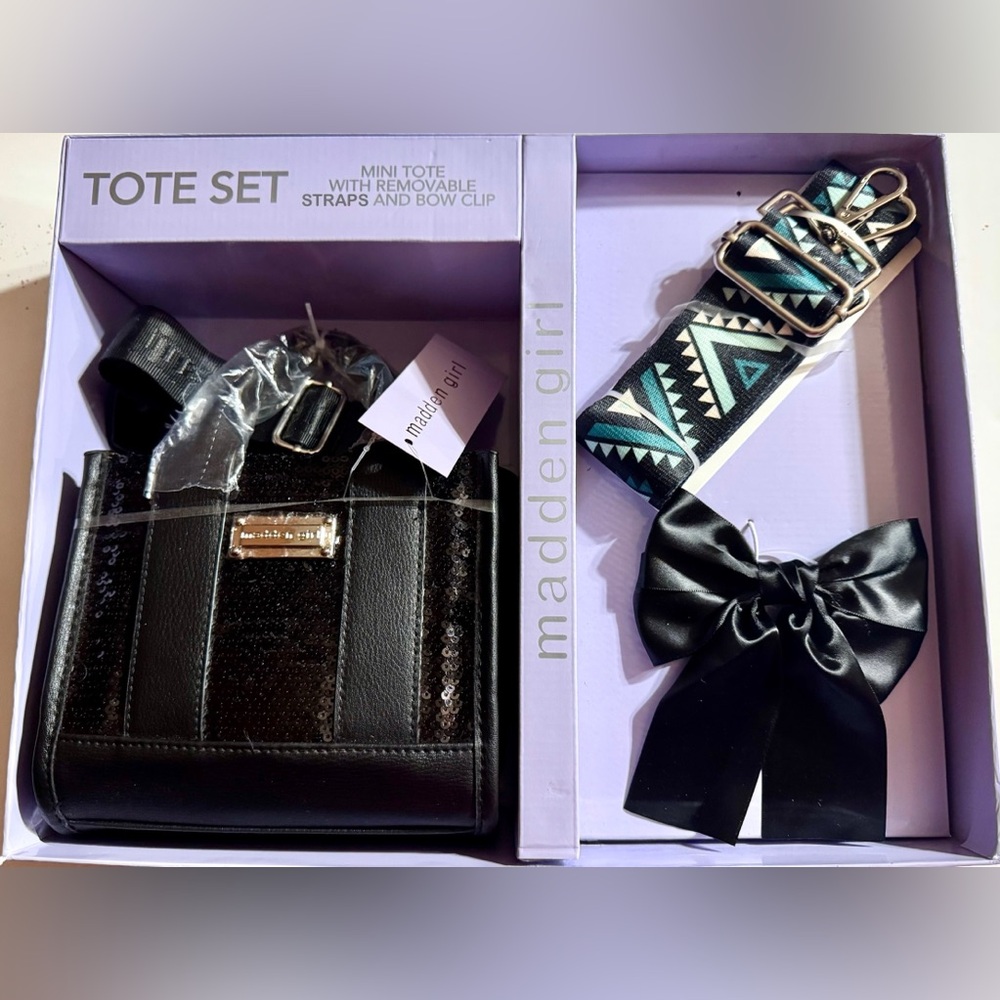 Madden Girl Black/Teal Quilted Mini Tote with Patterned Straps and Bow